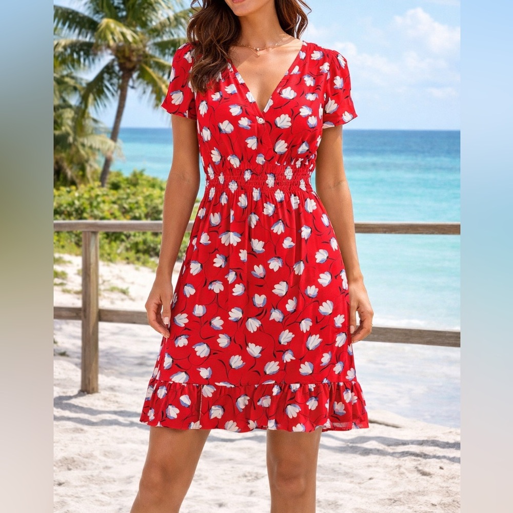 Talbots Red Floral V-Neck Midi Dress